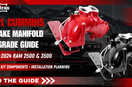 Haytalras 6.7L Cummins intake manifold upgrade guide with red and black manifolds for 2007.5–2024 Ram 2500 and 3500 trucks.