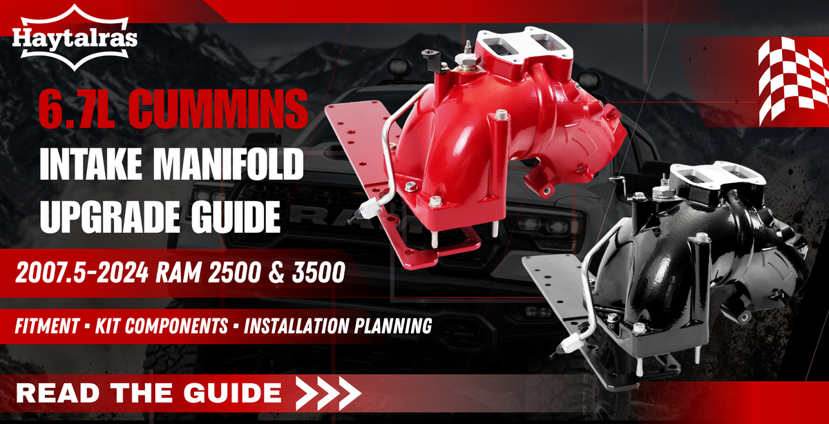 Haytalras 6.7L Cummins intake manifold upgrade guide with red and black manifolds for 2007.5–2024 Ram 2500 and 3500 trucks.