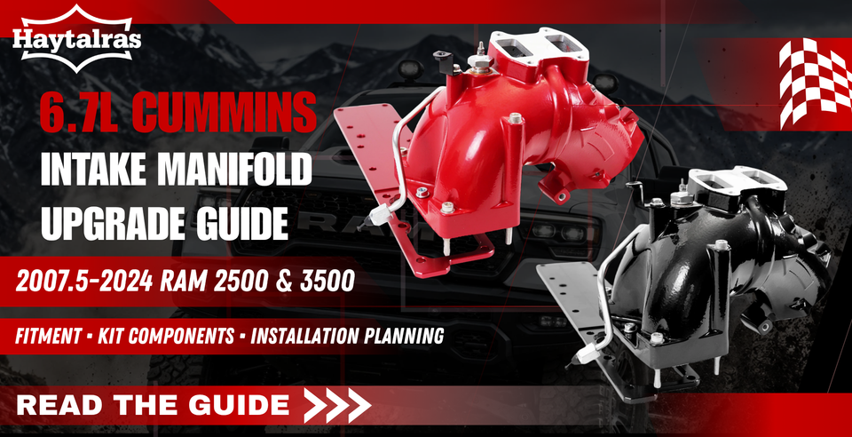 Haytalras 6.7L Cummins intake manifold upgrade guide with red and black manifolds for 2007.5–2024 Ram 2500 and 3500 trucks.