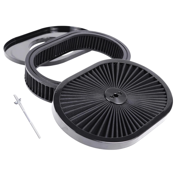 Haytalras 12"x2" Oval Air Cleaner Filter Assembly Compatible with GMC Chevy Ford Chryler Dodge V8 for Carburetor 5-1/8" Carb Neck High Flow-Thru Lid Washable and Reusable Black